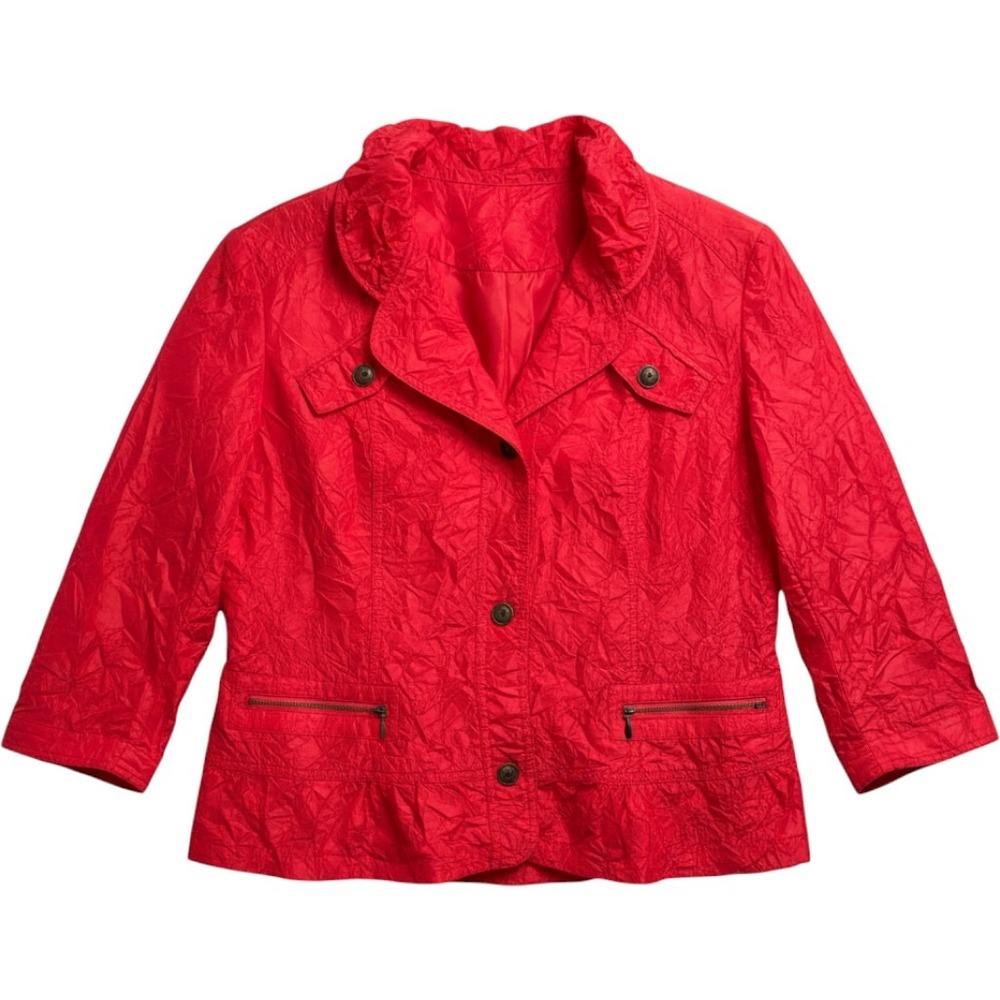 Chicos Red Crinkle Button Front Jacket Ruffle Collar windbreaker 3/4 sleeve chic